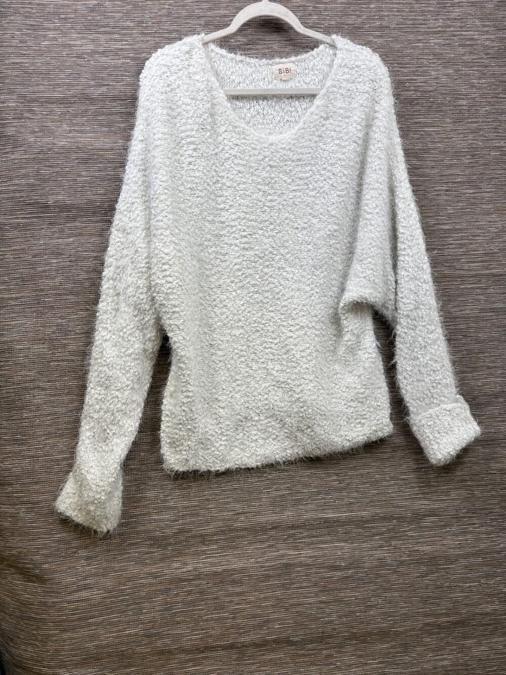 Bibi Fuzzy Sweater Womens Size M White Long Sleeve V-Neck Knitted